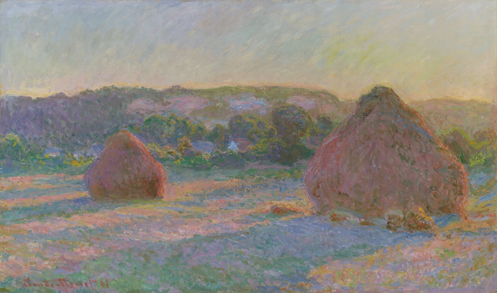 Claude Monet, Stacks of Wheat, 1890/91, textured golden haystacks at sunset.