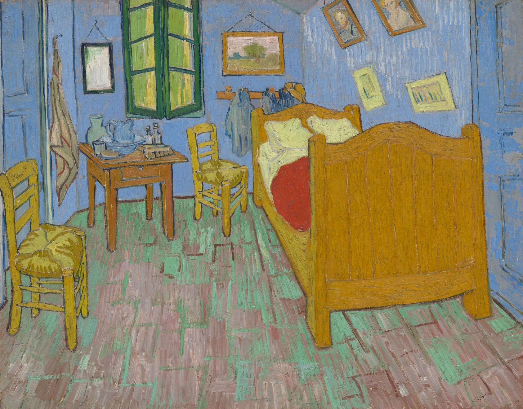 Vincent van Gogh, The Bedroom, 1889, a warm interior painting in yellows and blues.